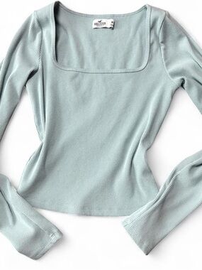 Hollister Ribbed Square-Neck Long Sleeve Top — Light Blue